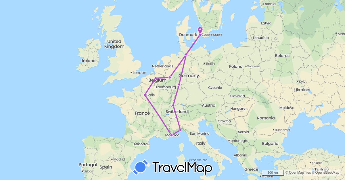 TravelMap itinerary: driving, train in Belgium, Switzerland, Germany, Denmark, France, Italy (Europe)