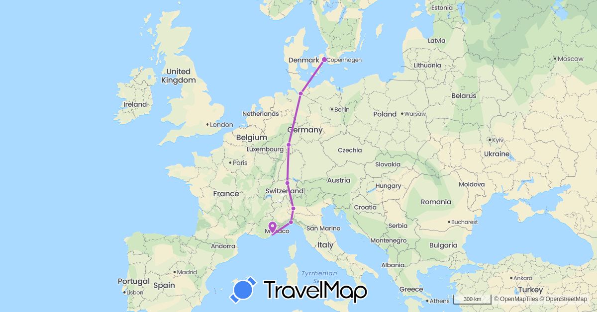 TravelMap itinerary: driving, train in Switzerland, Germany, Denmark, France, Italy (Europe)