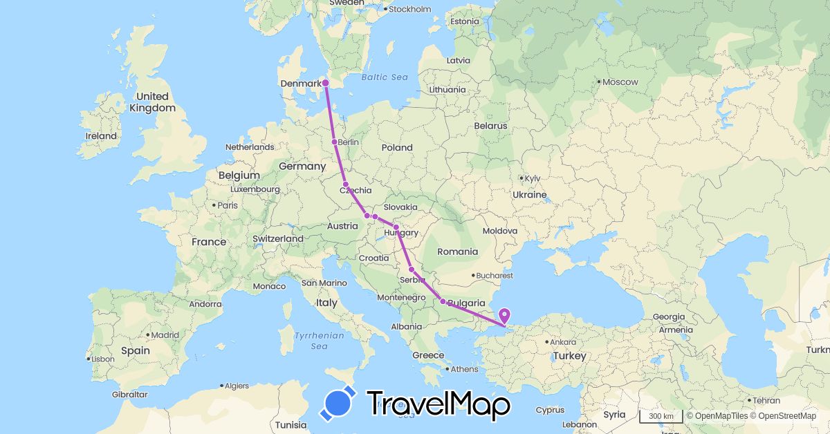 TravelMap itinerary: driving, train in Austria, Bulgaria, Czech Republic, Germany, Denmark, Hungary, Serbia, Slovakia, Turkey (Asia, Europe)