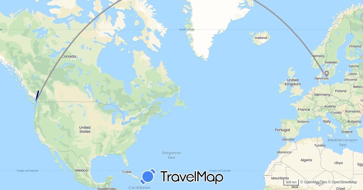TravelMap itinerary: driving, plane in Canada, Denmark (Europe, North America)