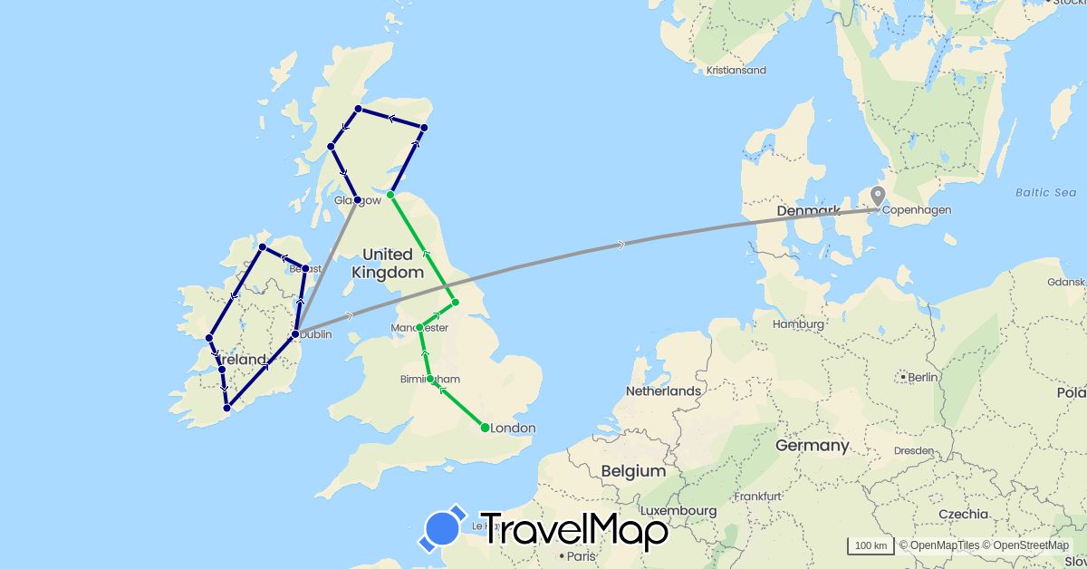 TravelMap itinerary: driving, bus, plane in Denmark, United Kingdom, Ireland (Europe)