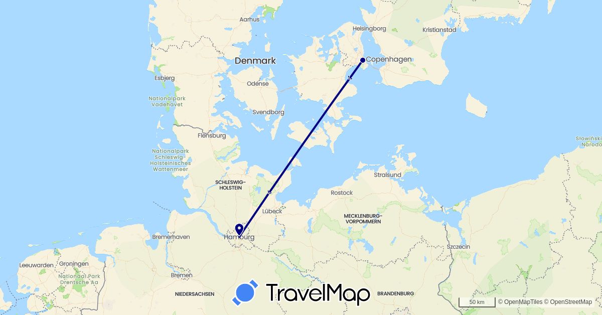 TravelMap itinerary: driving in Germany, Denmark (Europe)
